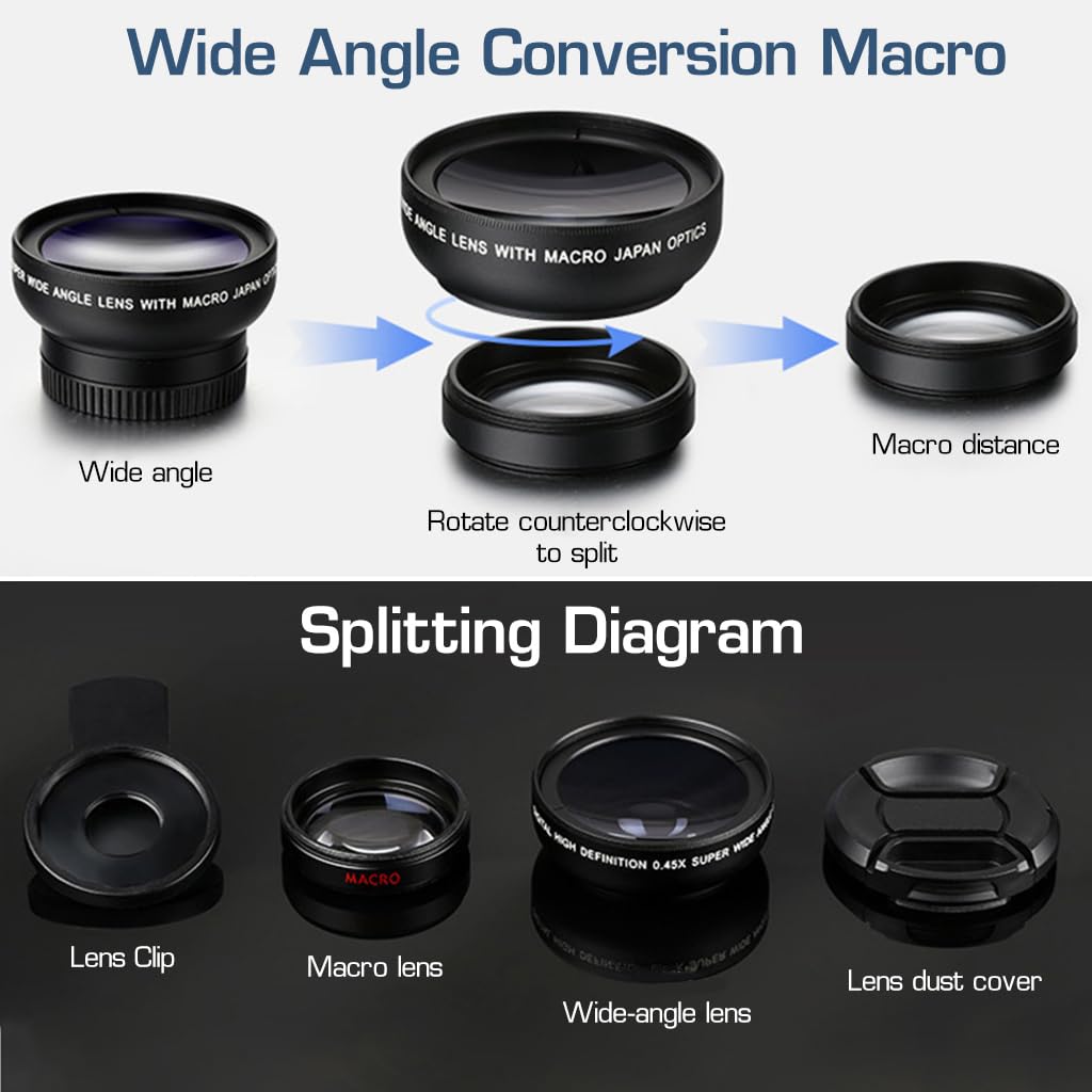 ZORBES Professional Mobile Phone Lens Attachment 0.45X Wide Angle Lens with & 12.5X Macro HD Clip-on Phone Camera Lens Universal Phone Camera Lens for iPhone/Samsung/Oppo/Realme ZORBES Professional Mobile Phone Lens Attachment 0.45X Wide Angle Lens with & 12.5X Macro HD Clip-on Phone Camera Lens Universal Phone Camera Lens for iPhone/Samsung/Oppo/Realme